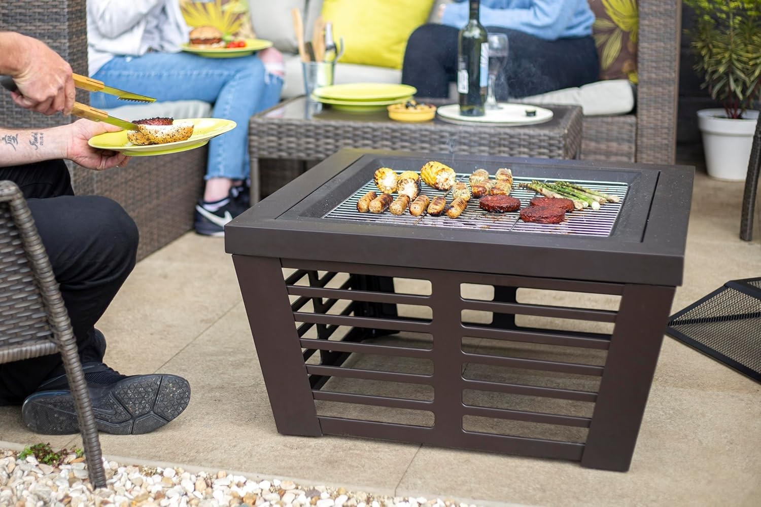 XL Outdoor Fire Pit with BBQ Grill 75cm Patio Heater Garden Wood Burner Square