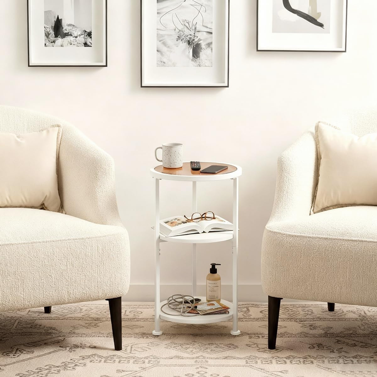 Modern White Round Side Table with Tempered Glass & 3-Tier Storage Shelf