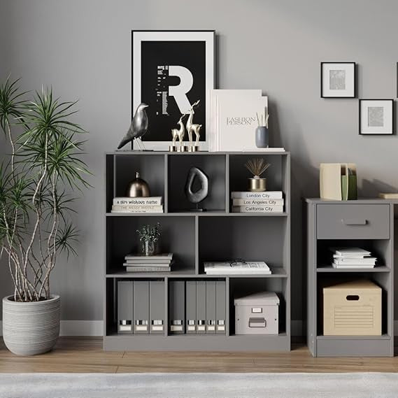 Modern Grey 8-Cube Asymmetrical Bookcase – Freestanding Storage Display Unit