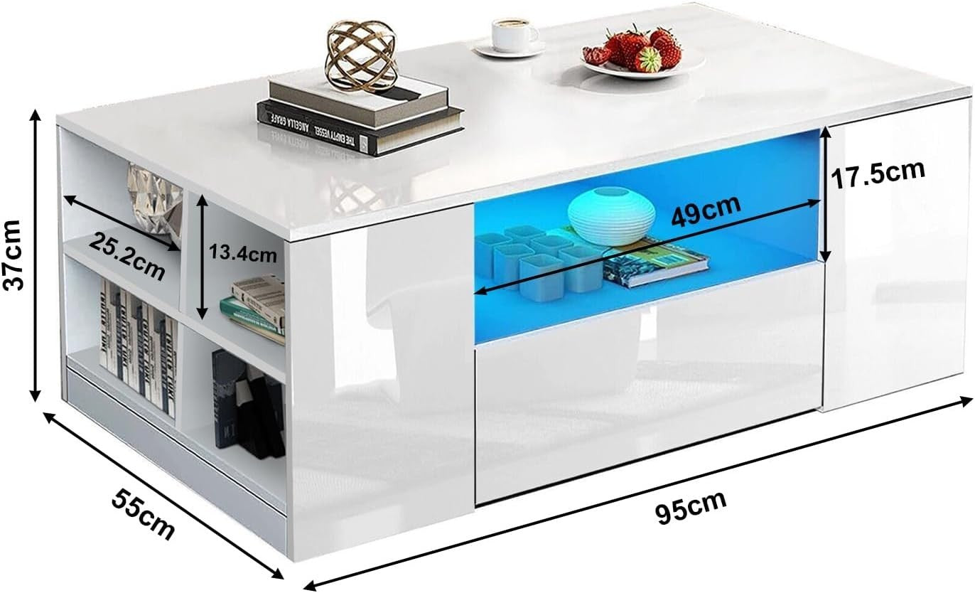 White High Gloss Coffee Table with LED RGB Lights & Storage 95x55x37cm