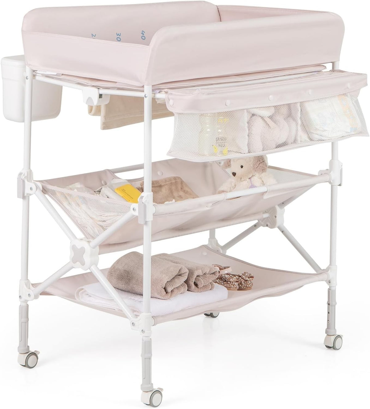 Baby Changing Table Folding Nursery Station with Wheels & Storage Beige