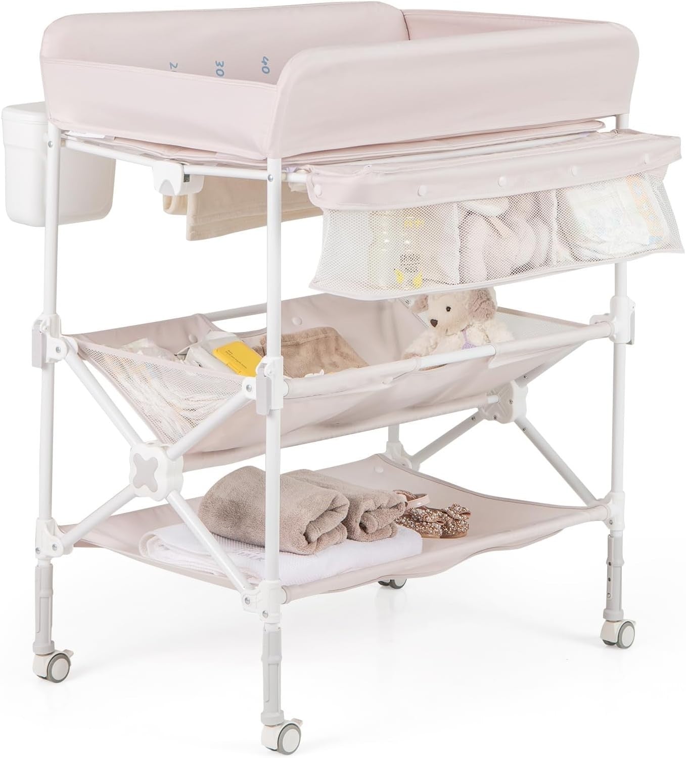 Baby Changing Table Folding Nursery Station with Wheels & Storage Beige