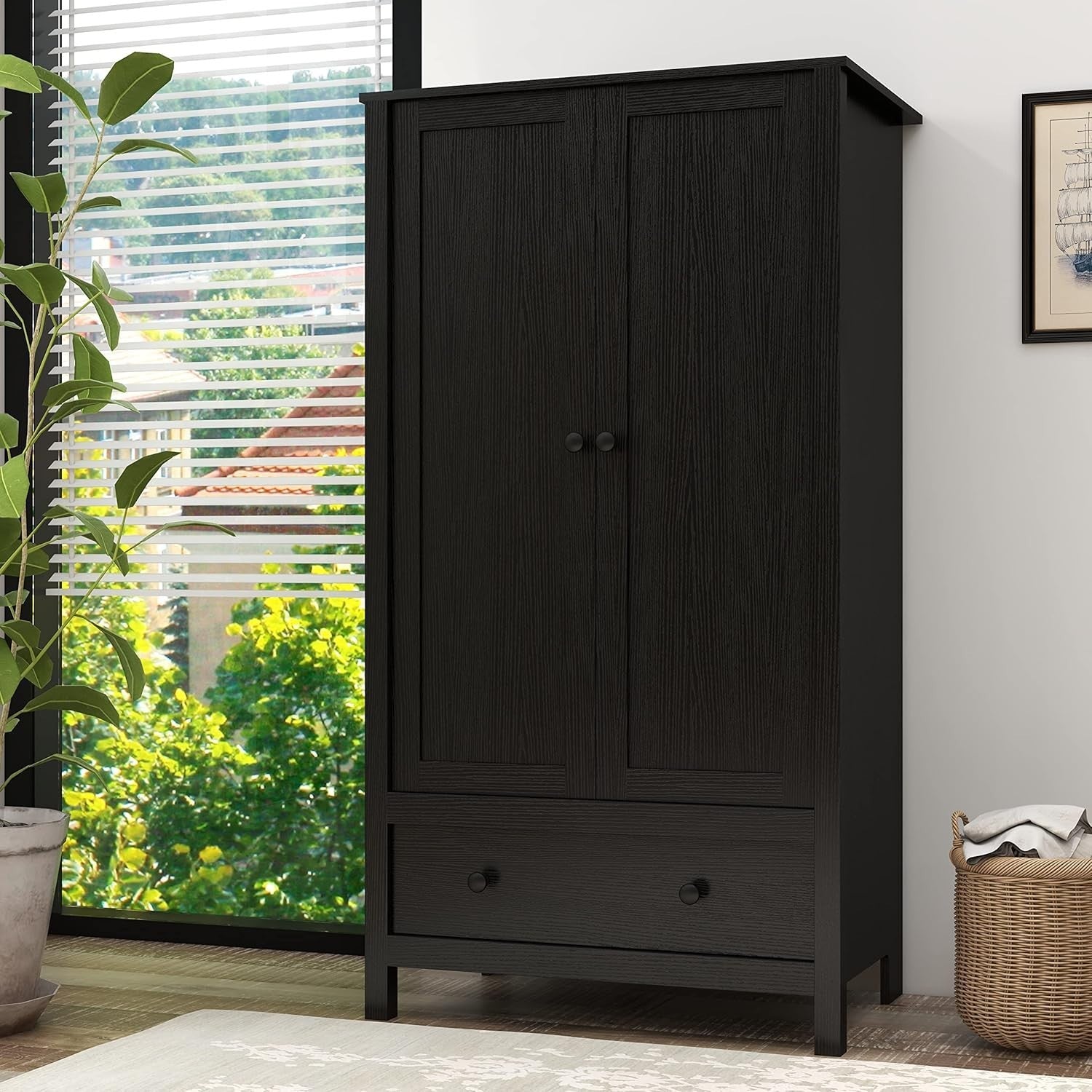 2 Door Wardrobe with Drawer & Storage Shelf – Modern Black Engineered Wood
