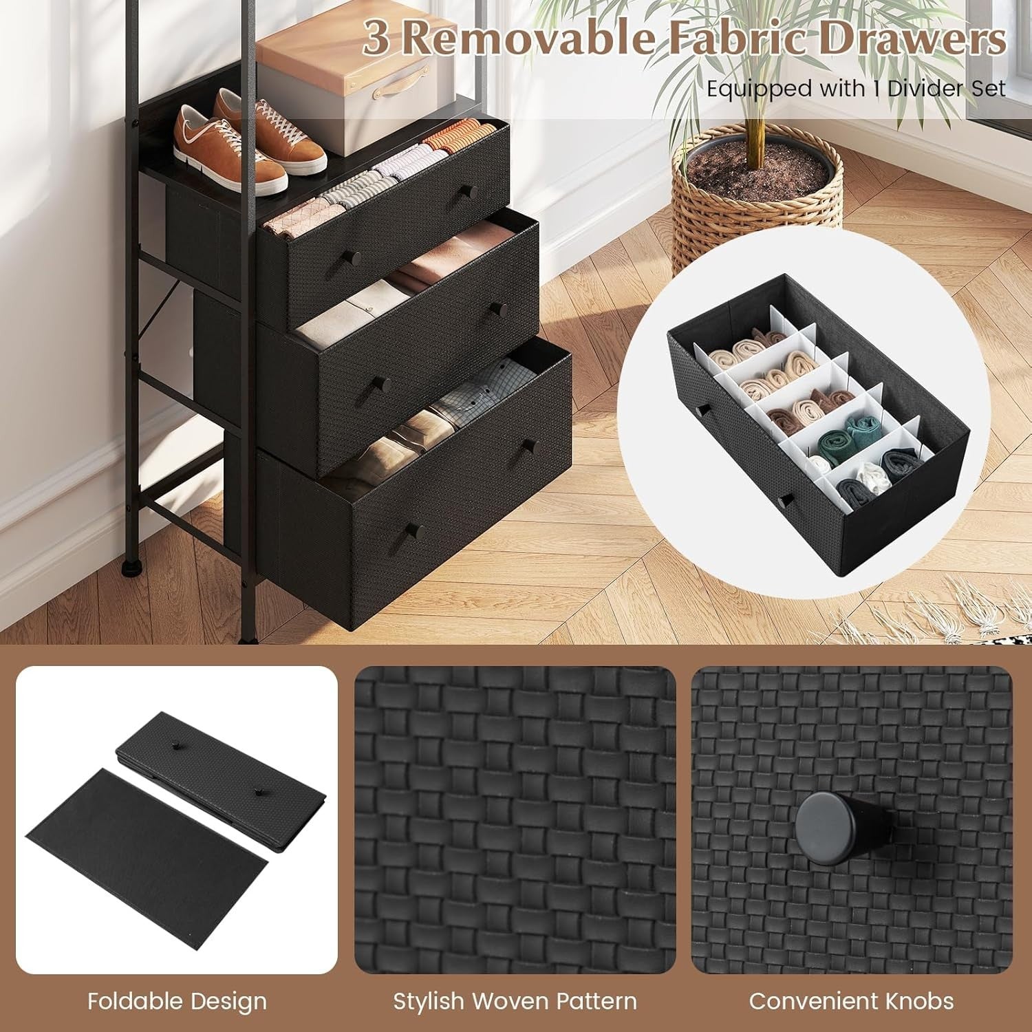 Clothes Rail Black 3 Drawers Freestanding Wardrobe Rack