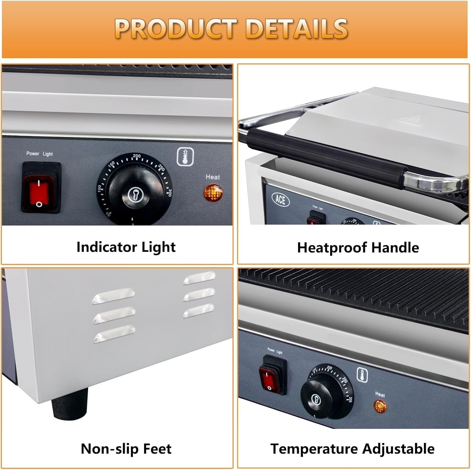Commercial Panini Press 2200W 34x22cm Ribbed Grill Blue