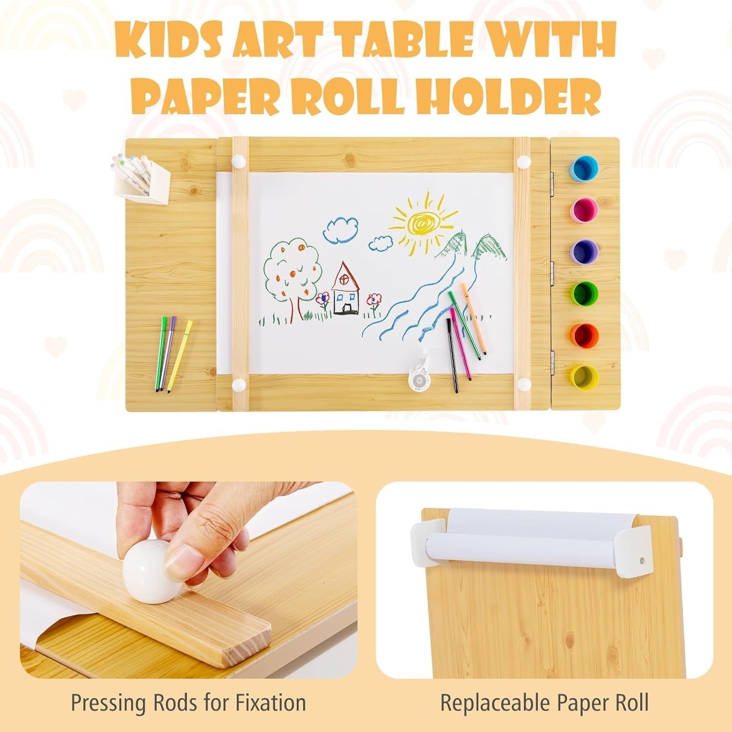 Kids Art Table & Chairs Set with Storage, Paper Roll & 6 Paint Cups 109cm