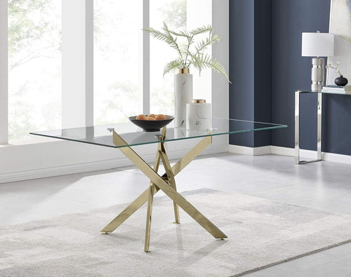 Modern Glass Dining Table with Gold Metal Legs Rectangular 6 Seater Design