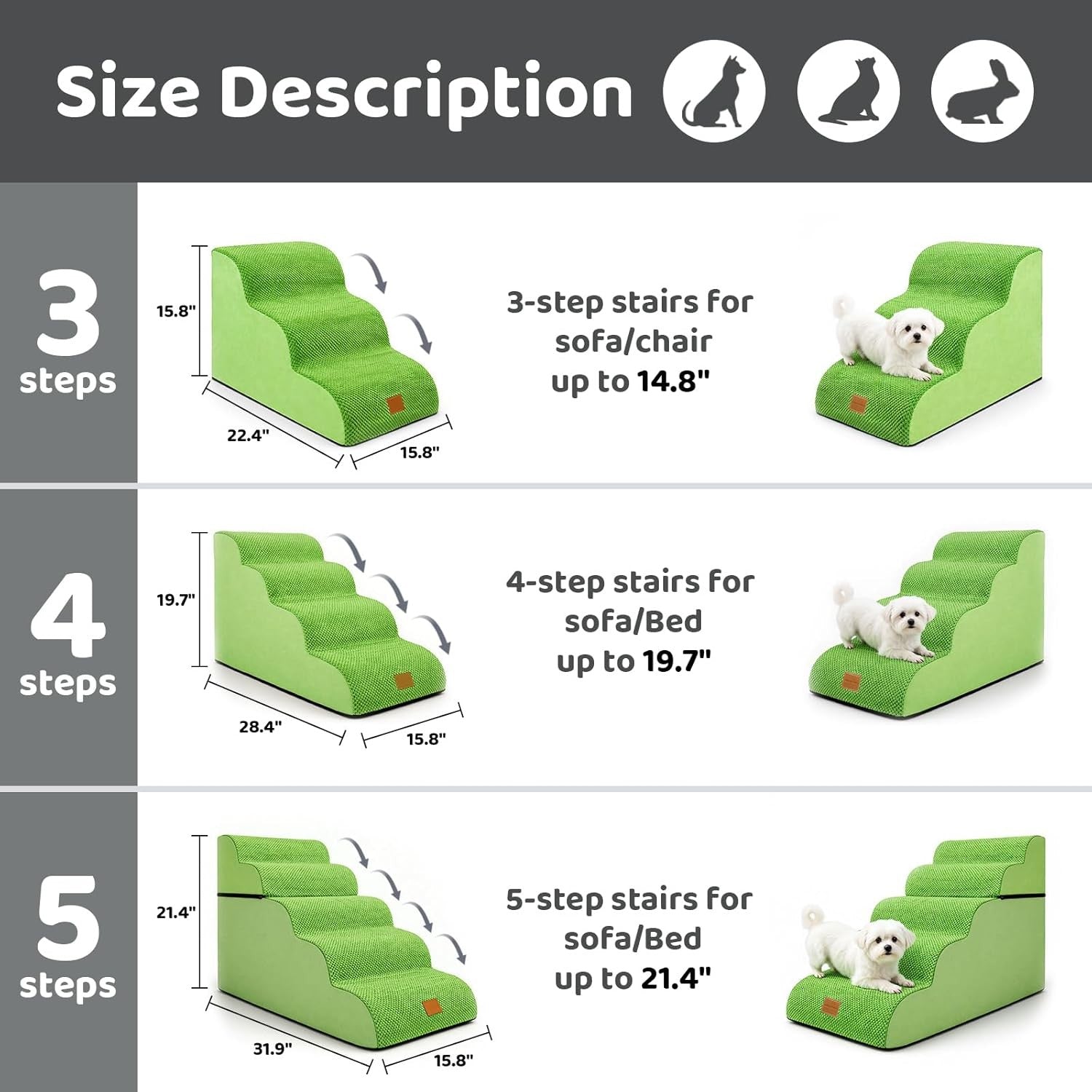 Dog Steps for Bed 5-Step Non-Slip Pet Stairs Ladder Foam Ramp with Plush Cover