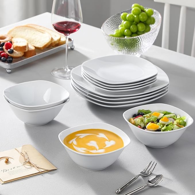 12 Piece White Dinner Set Plates Bowls Porcelain Square Chip Resistant for 4