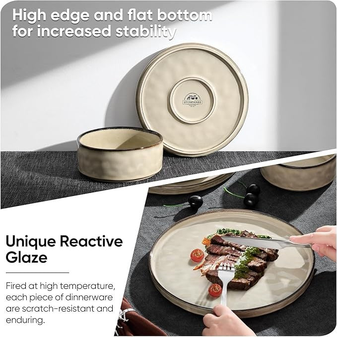 12pc Stoneware Dinner Set Plates Bowls Reactive Glaze Service for 4 Khaki