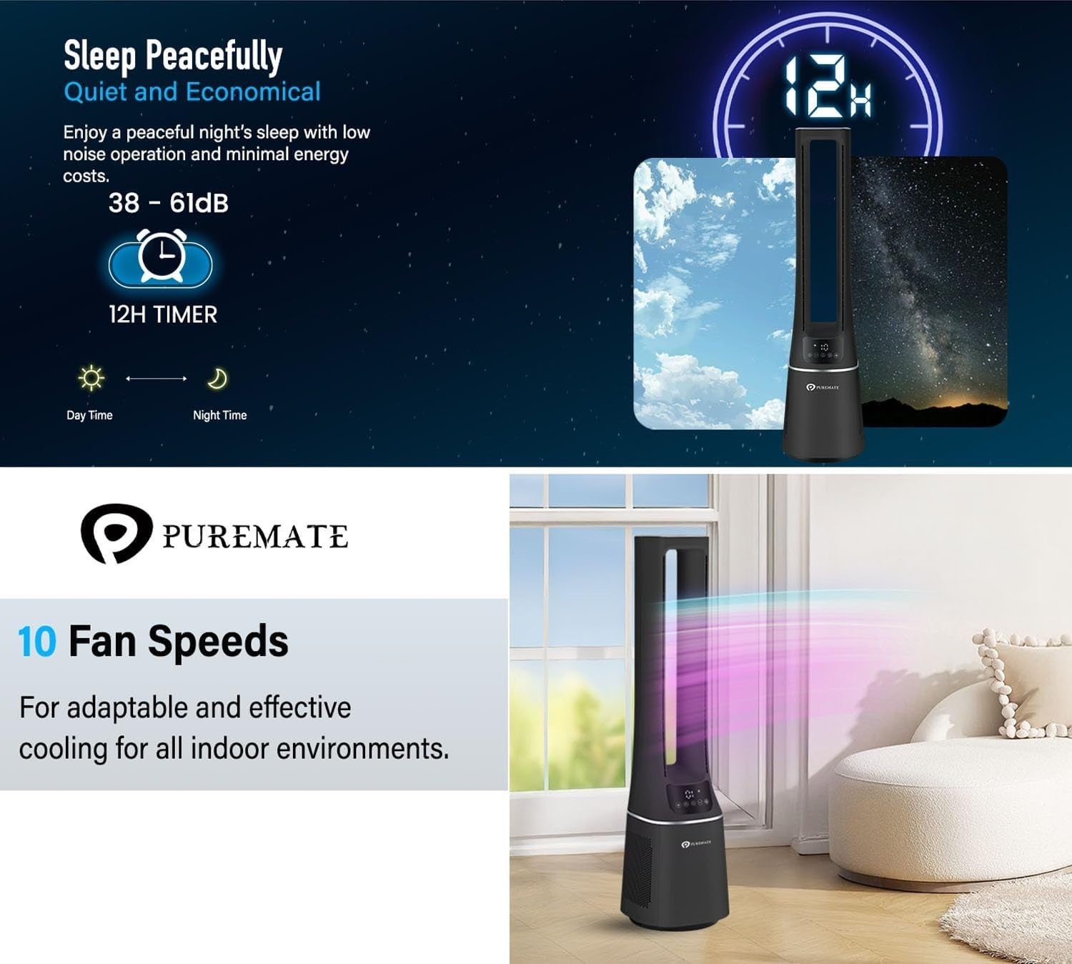 2-in-1 Bladeless Tower Fan Air Purifier HEPA Filter 10-Speed Remote Black Quiet