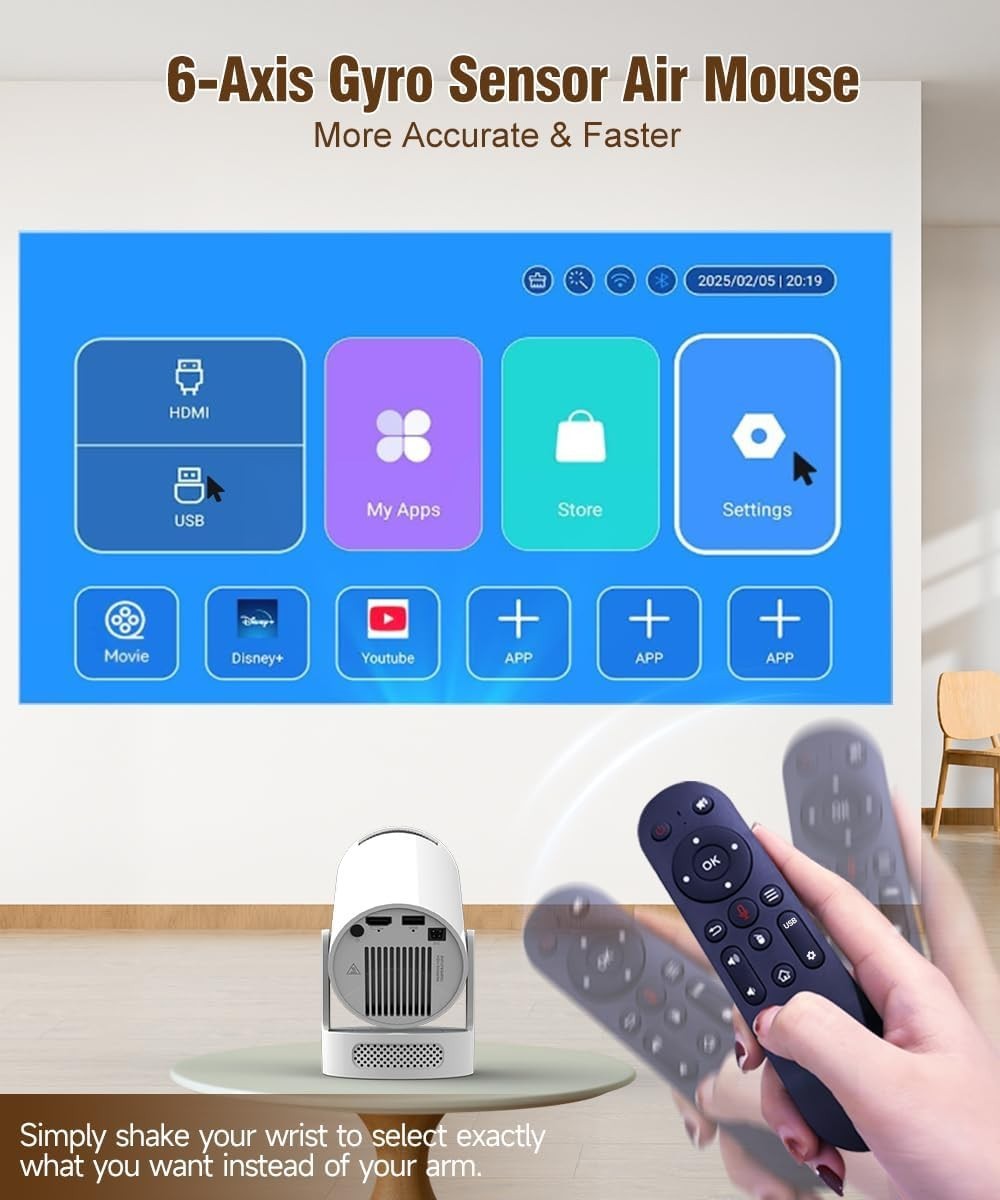 Smart WiFi6 1080P Mini Projector Bluetooth 180° Android 14