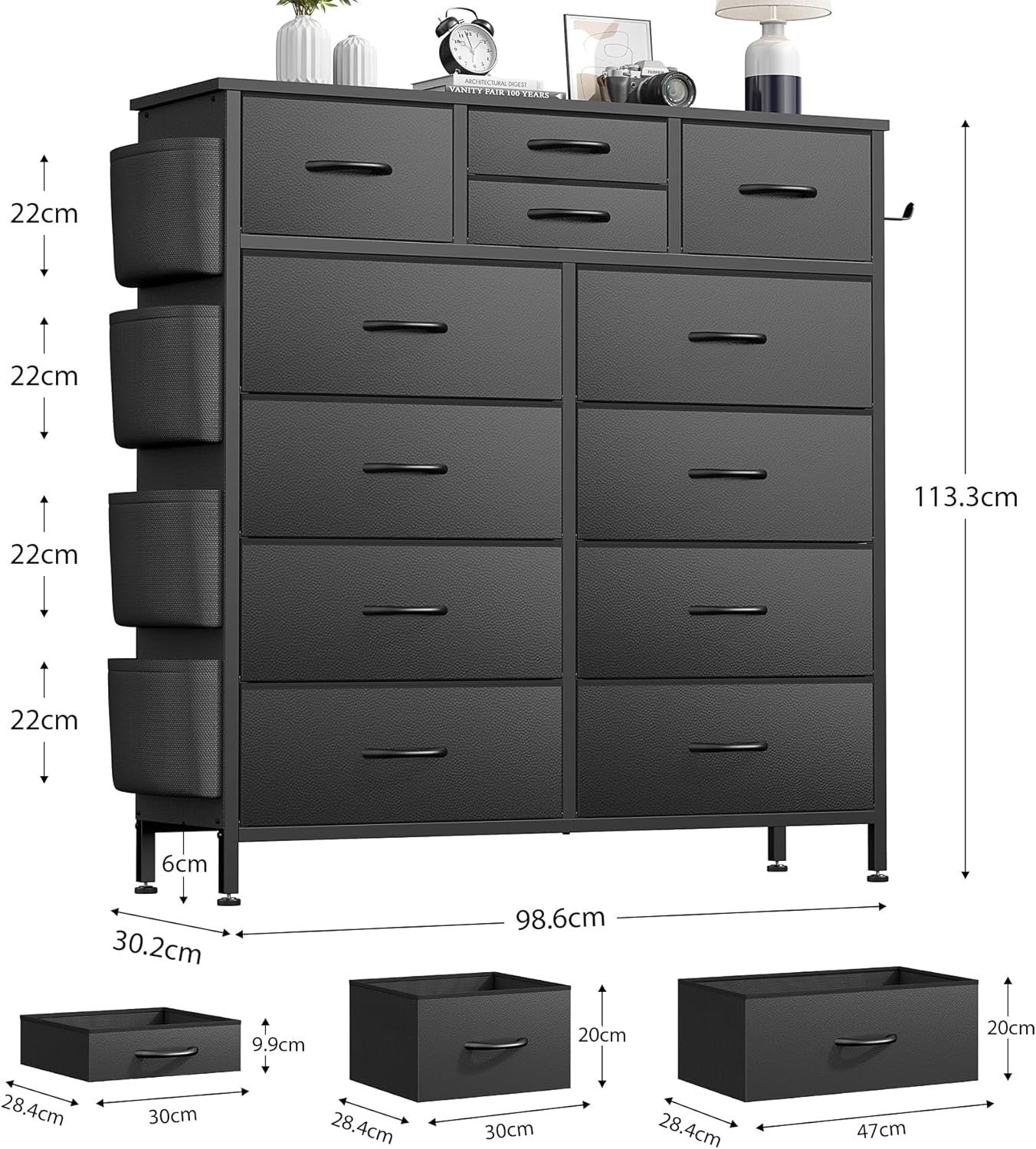 Black 12 Drawer Tall Storage Dresser Fabric Chest Hooks Kids Room Bedroom Hall