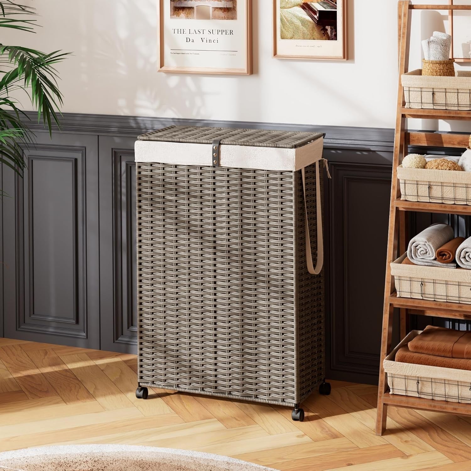 70L Slim Rattan Laundry Hamper with Wheels Lid & Removable Bag Grey Basket