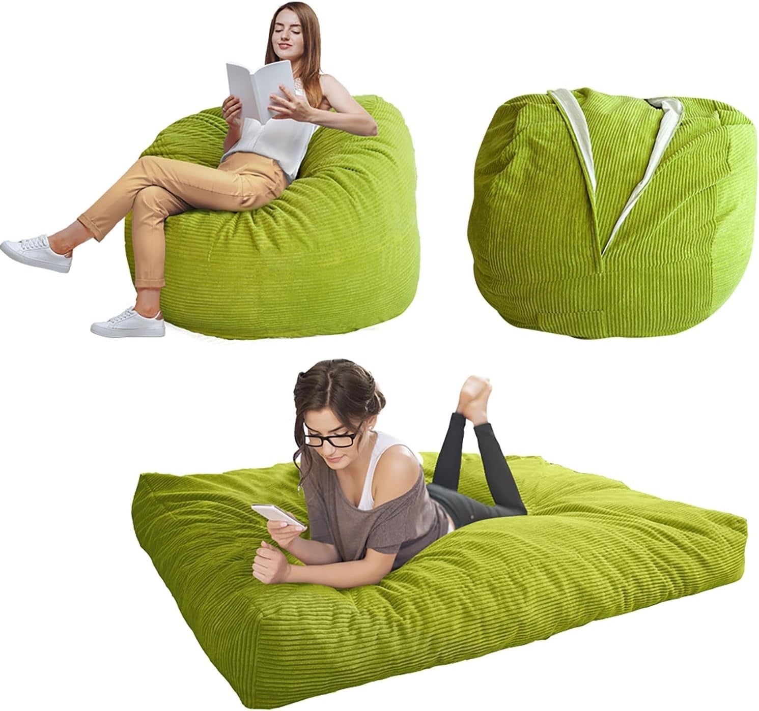 Convertible Bean Bag Sofa Bed Double Chair Lounger Corduroy Green