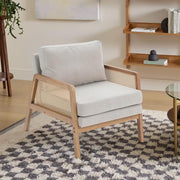 Beige Rattan Armchair with Cushions – Wooden Lounge Chair for Living Room