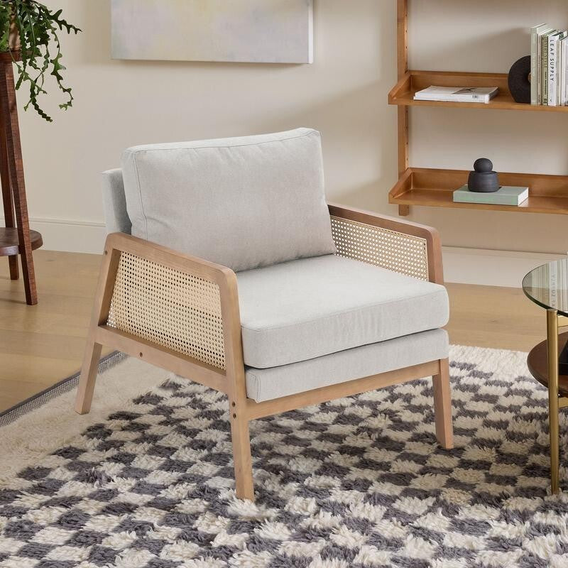 Beige Rattan Armchair with Cushions – Wooden Lounge Chair for Living Room