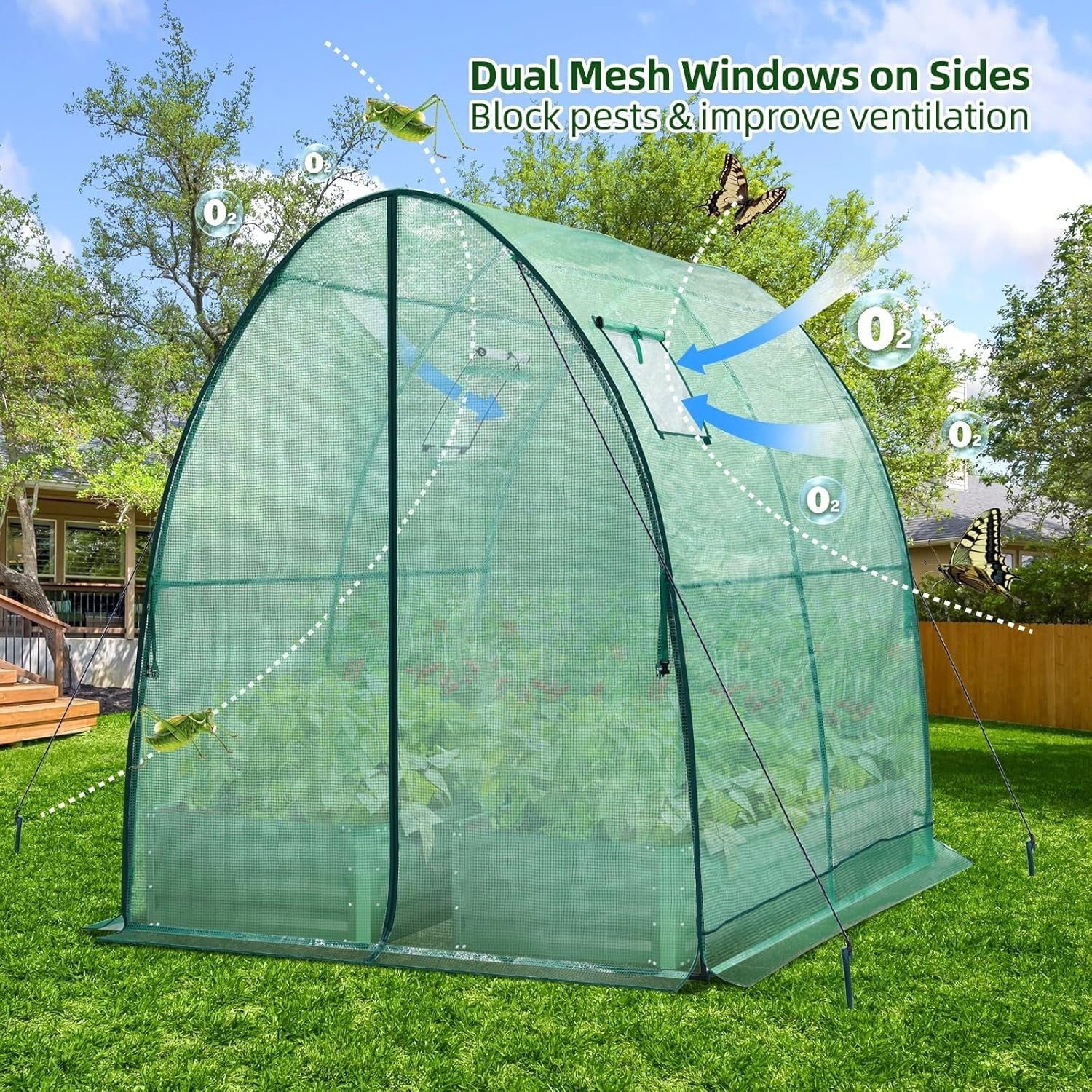 Portable Tunnel Greenhouse 1.8x1.8x2m Heavy Duty PE Cover with Mesh Windows