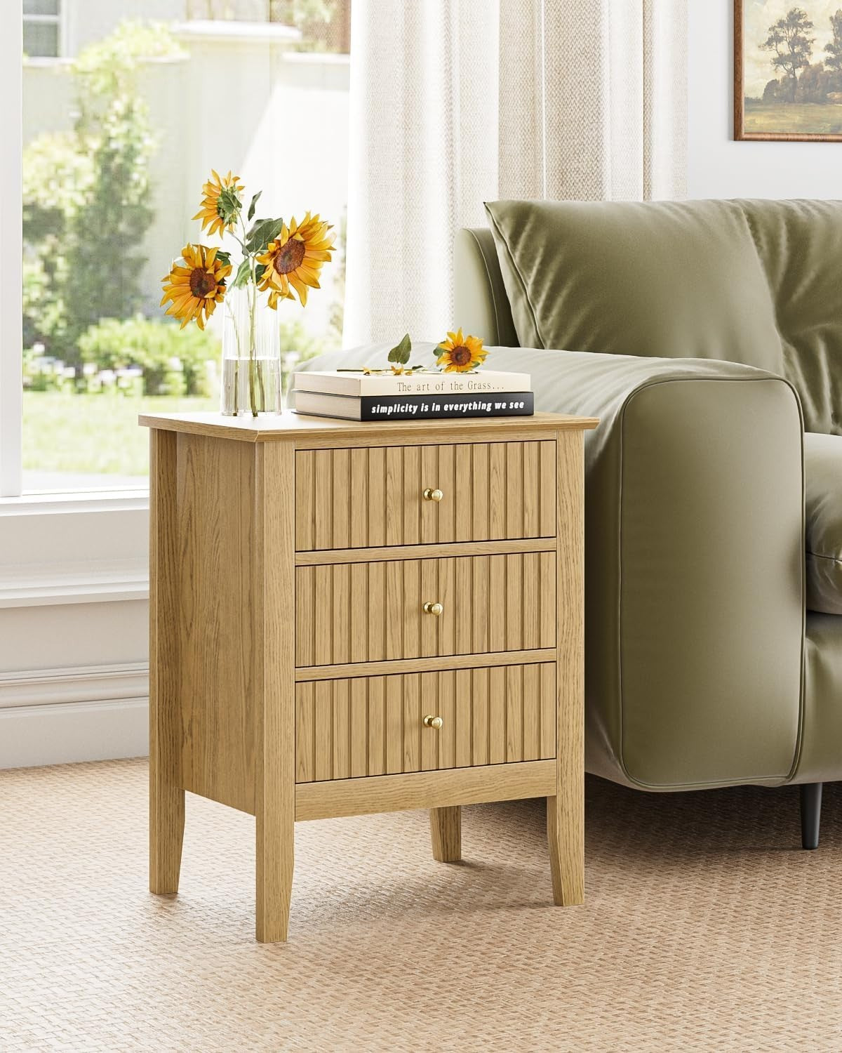 Modern Yellow Oak Bedside Table with 3 Drawers Wooden Nightstand Bedroom