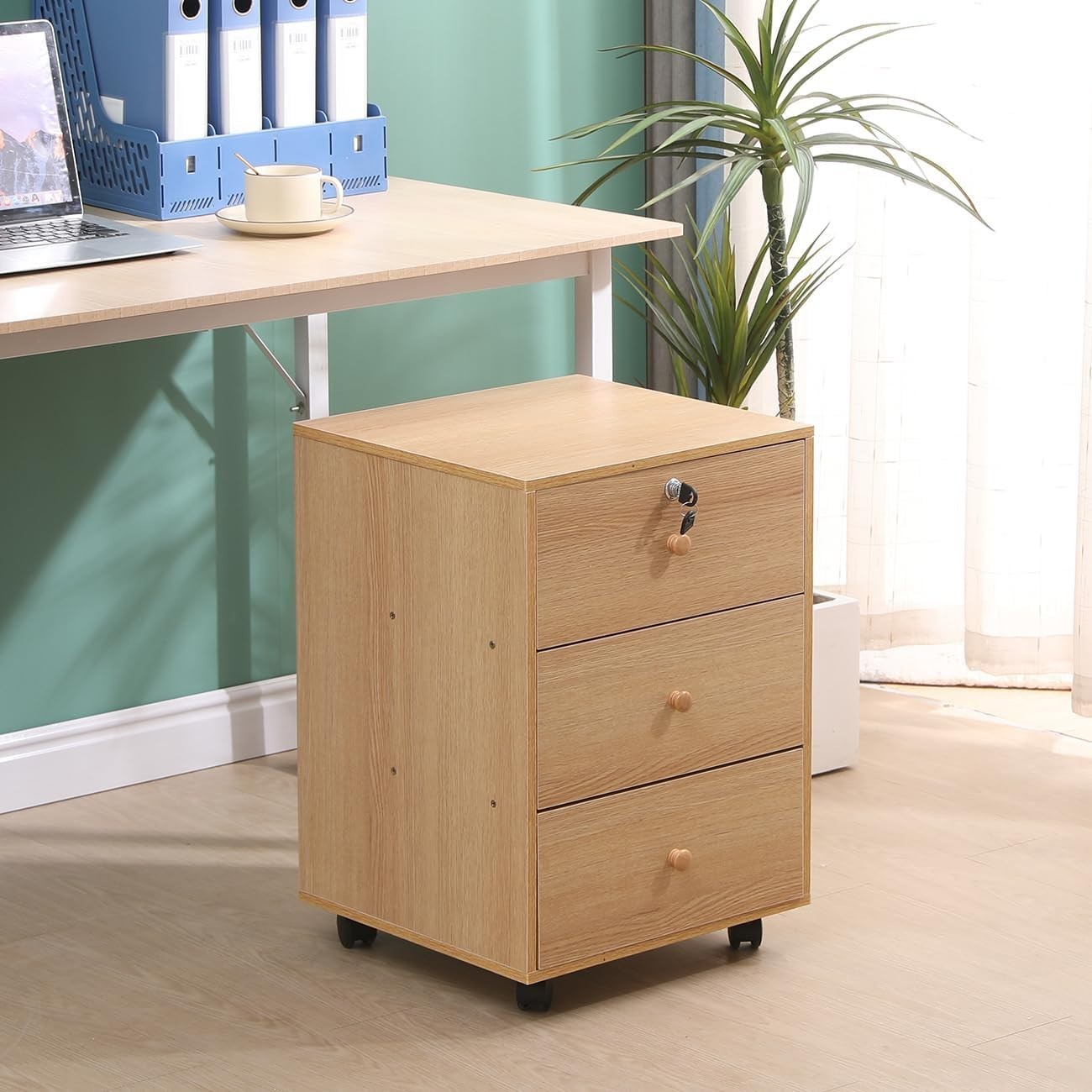 Oak Rolling Lockable Drawer Cabinet 3 Tier Under Desk File Storage
