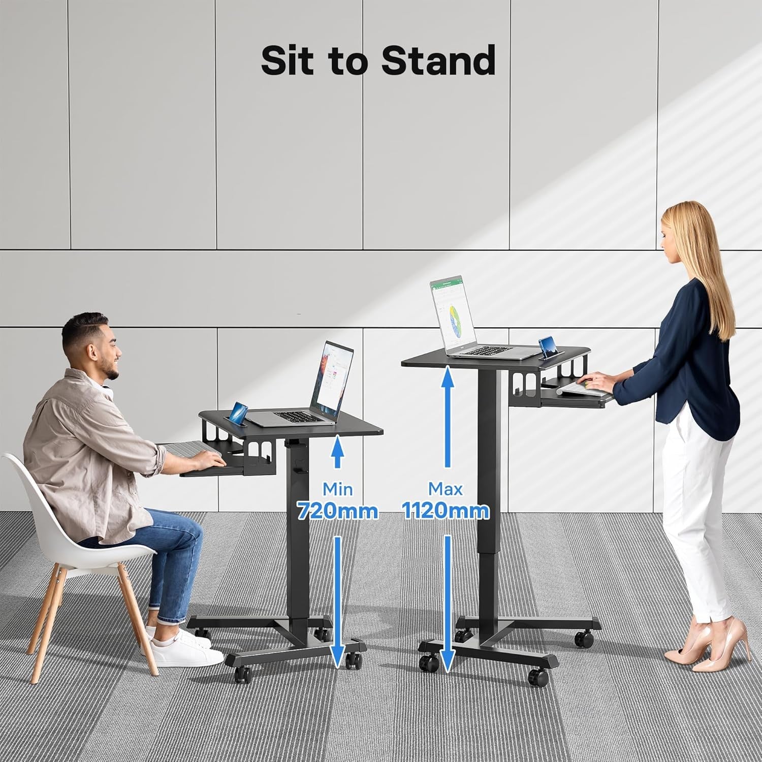 Height Adjustable Mobile Standing Desk on Wheels Laptop Workstation Black