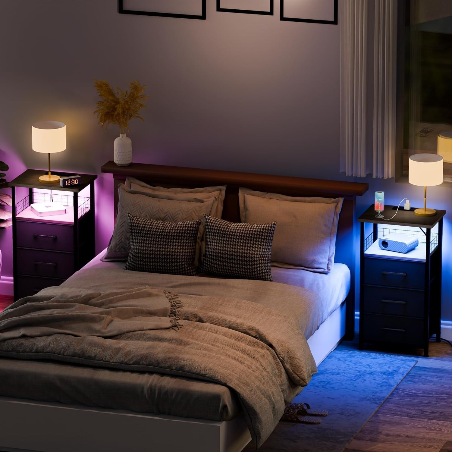 Modern LED Bedside Tables with 3 Drawers & USB Charging – Set of 2, Grey
