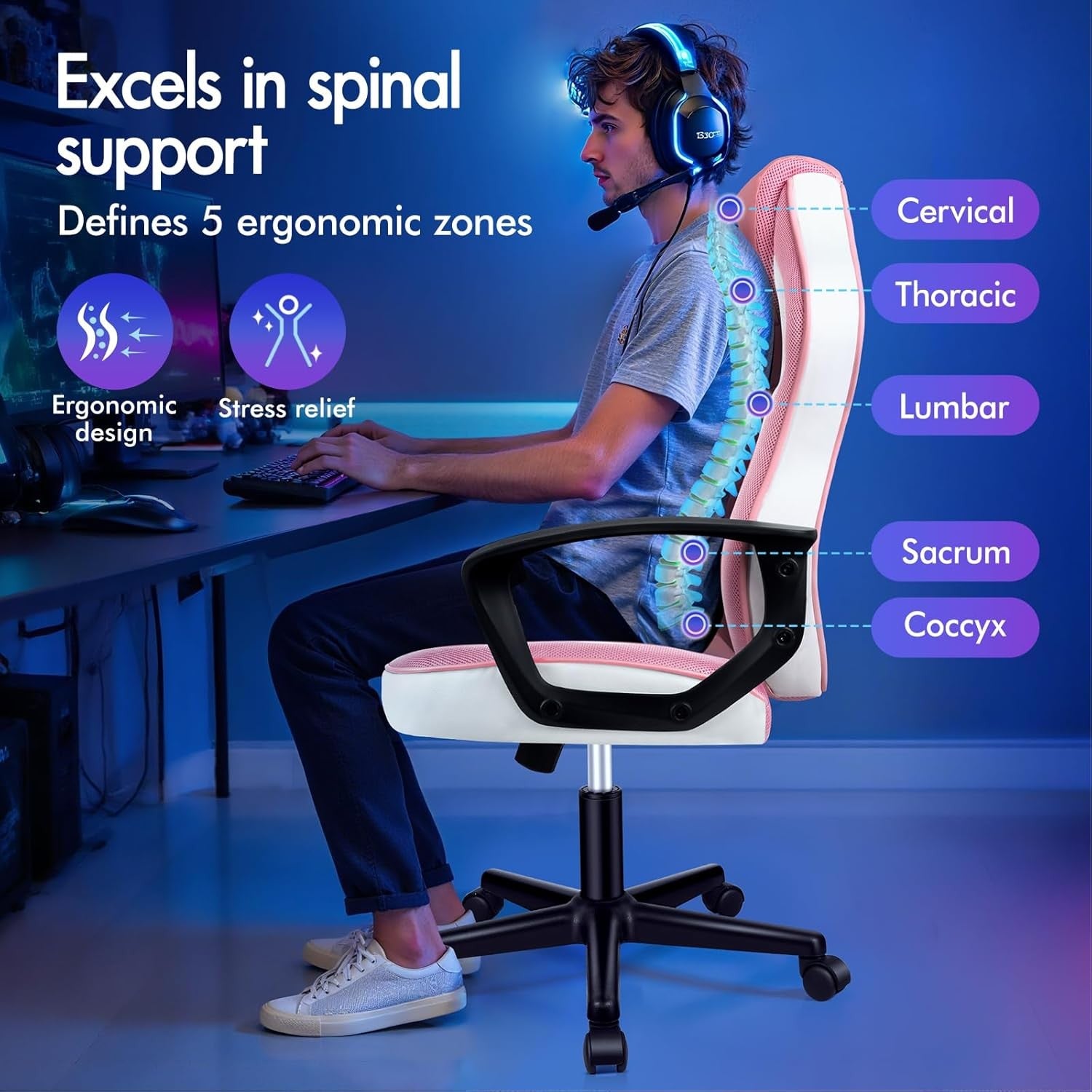 Ergonomic Gaming Chair Pink Racing Style Mesh PU Swivel