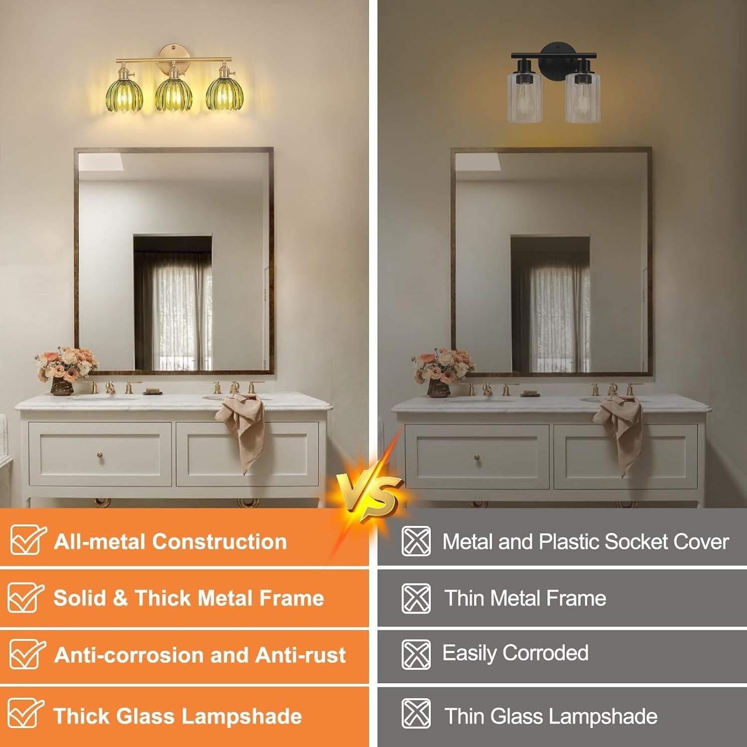3-Light Green Glass Wall Sconce Vanity Light Brass Fixture Bathroom Mirror