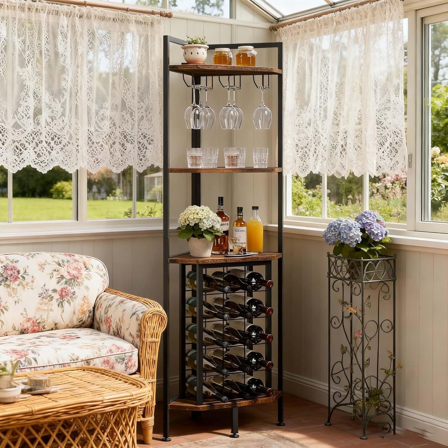 Corner Wine Rack Cabinet with Glass Holder 4-Tier Liquor Storage Shelf Unit