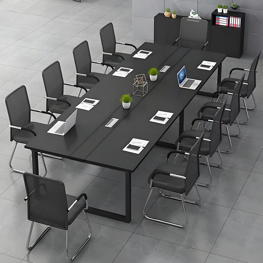 160x120cm Black Office Meeting Table w/ Cable Ports + Adjustable Feet