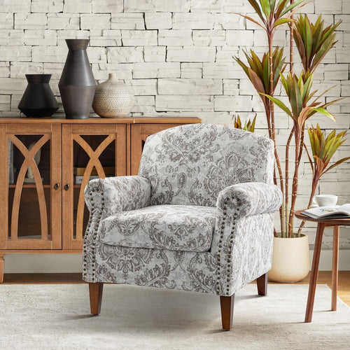 Comfy Floral Armchair Beige Sofa Chair Wood Legs for Living Room Office