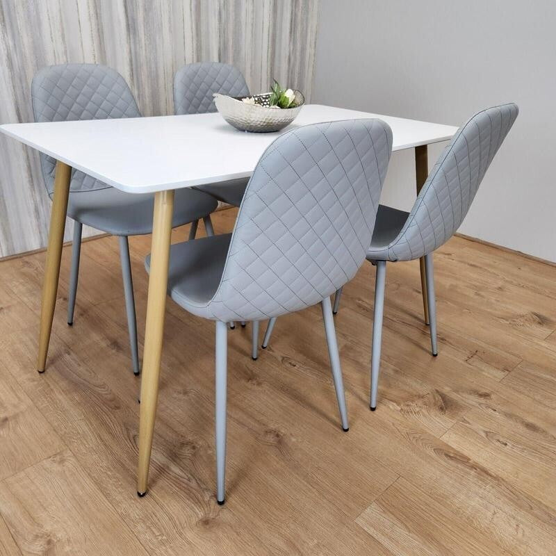White Dining Table Set with 4 Grey Quilted Chairs – Modern Kitchen Set