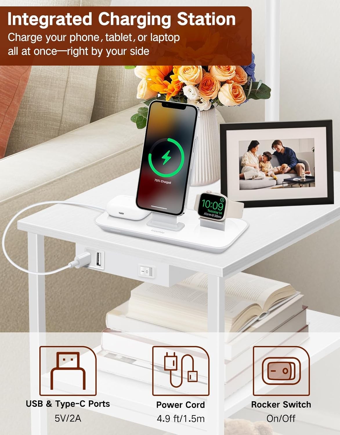 Floor Lamp with Table Remote Charging Station Dimmable LED Nightstand White