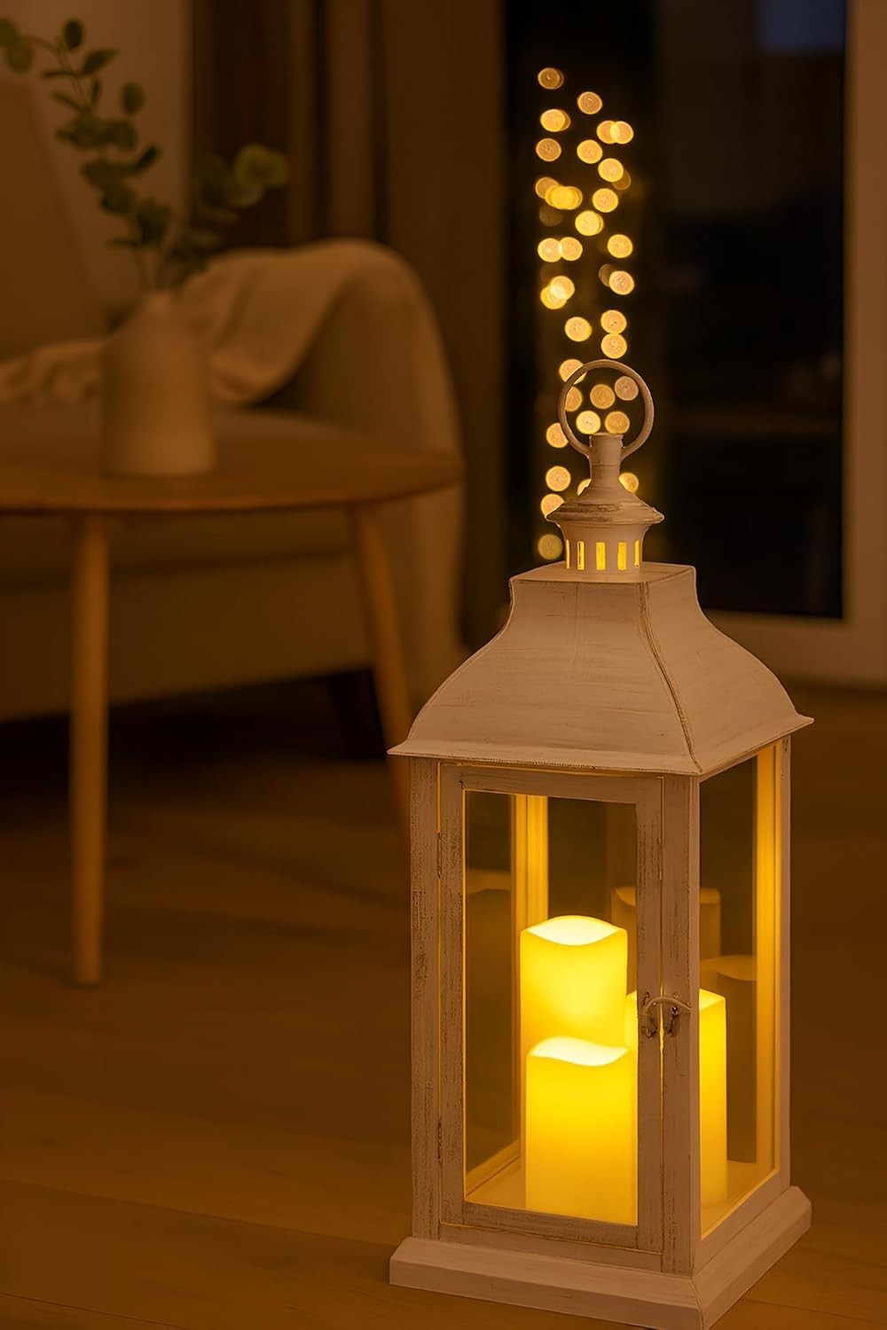 White Decorative Lantern with 3 LED Candles Flickering Light Timer