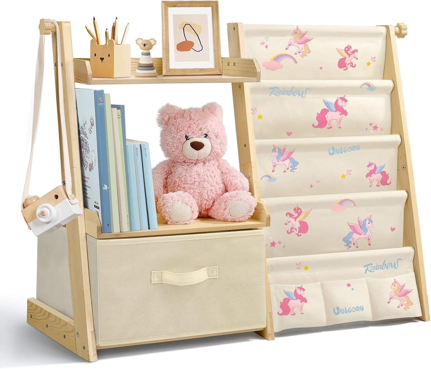 Unicorn Kids Bookcase & Toy Storage – 4-Tier Montessori Organizer Shelf