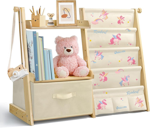 Unicorn Kids Bookcase & Toy Storage – 4-Tier Montessori Organizer Shelf