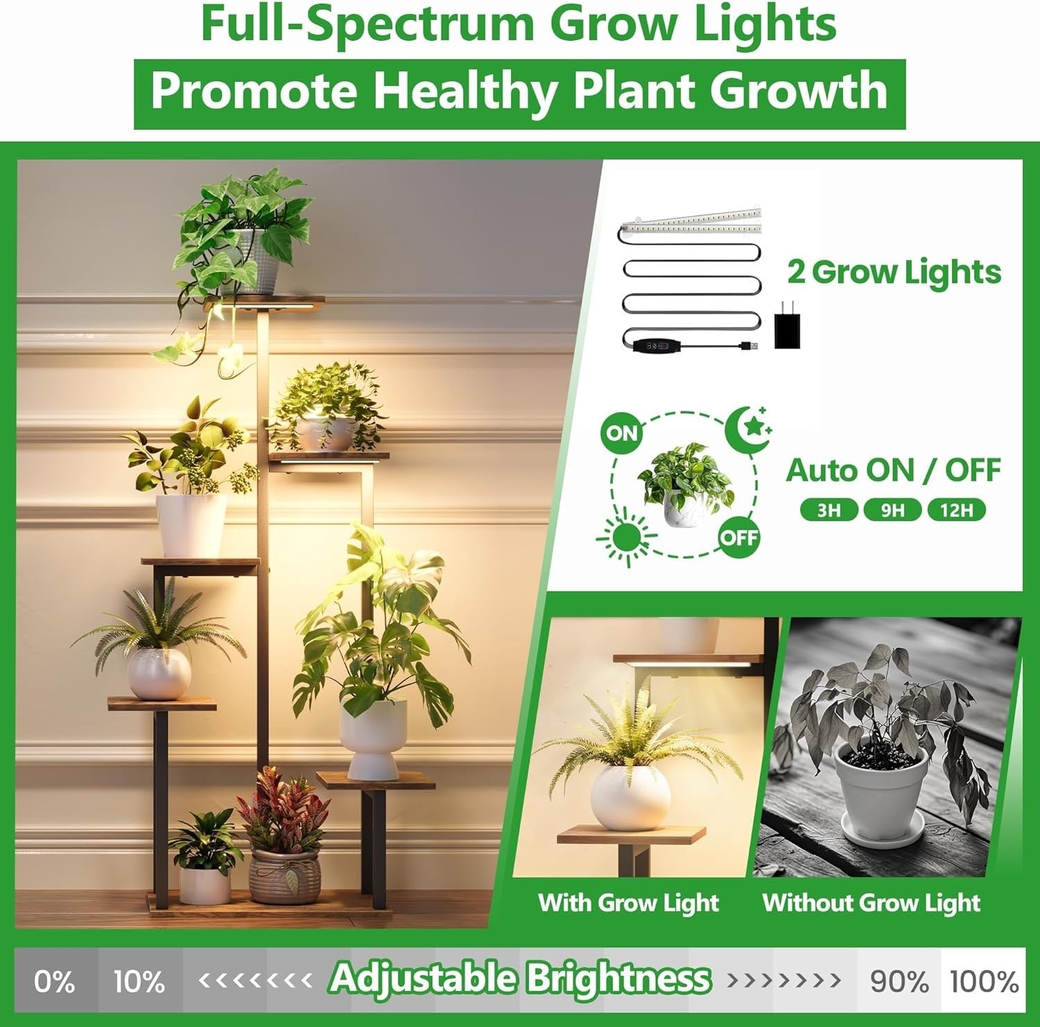 6-Tier Plant Stand with Grow Lights, Metal Wood Indoor Flower Shelf for Home & P