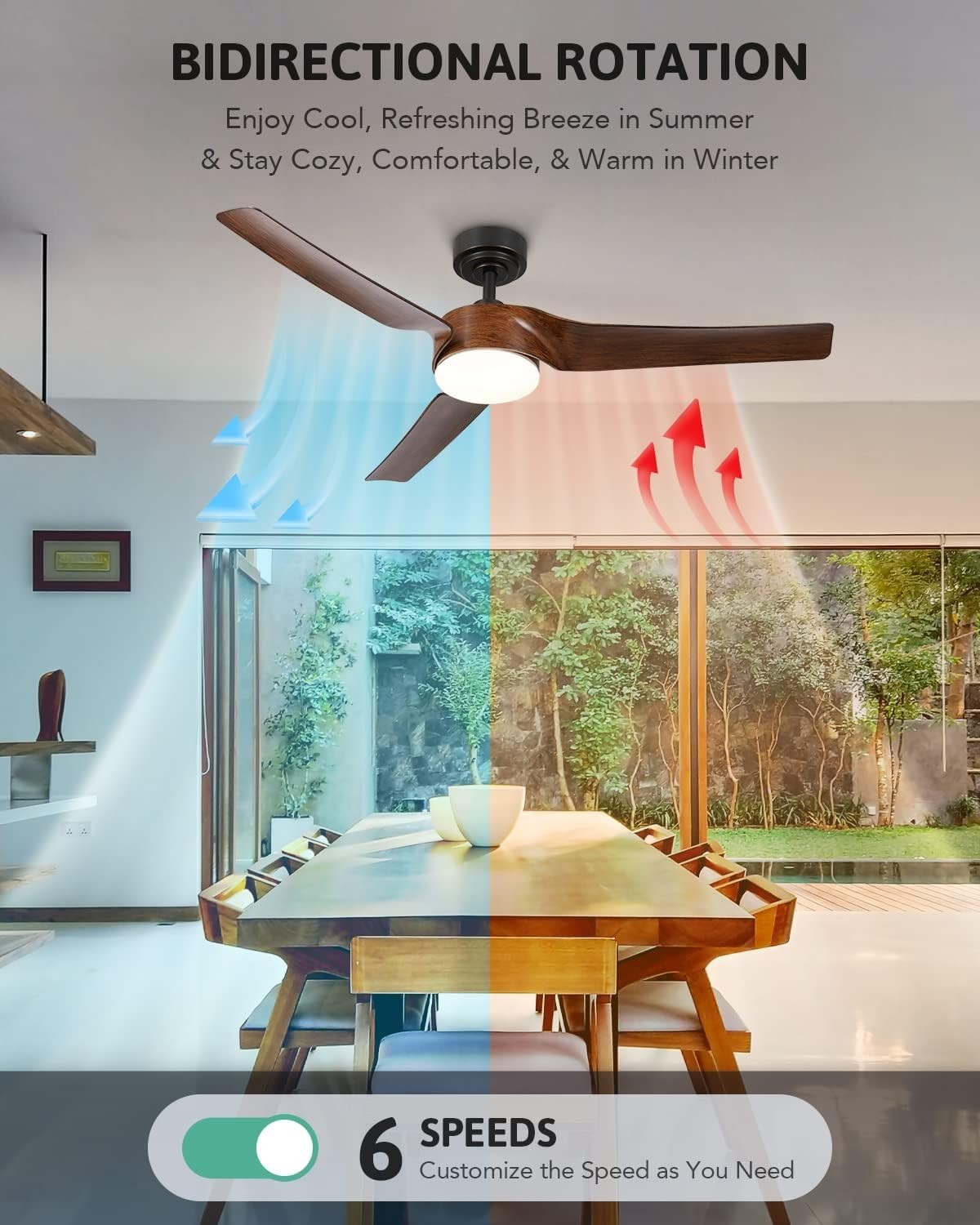 52" Smart Ceiling Fan with Light, 6-Speed, Remote, Black Walnut