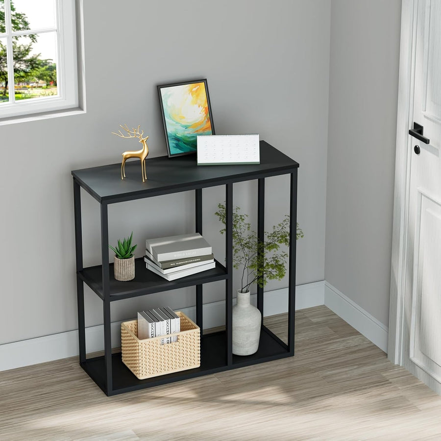 Compact Industrial 3-Tier Console Table with Storage Shelves – Black 80x30x80cm