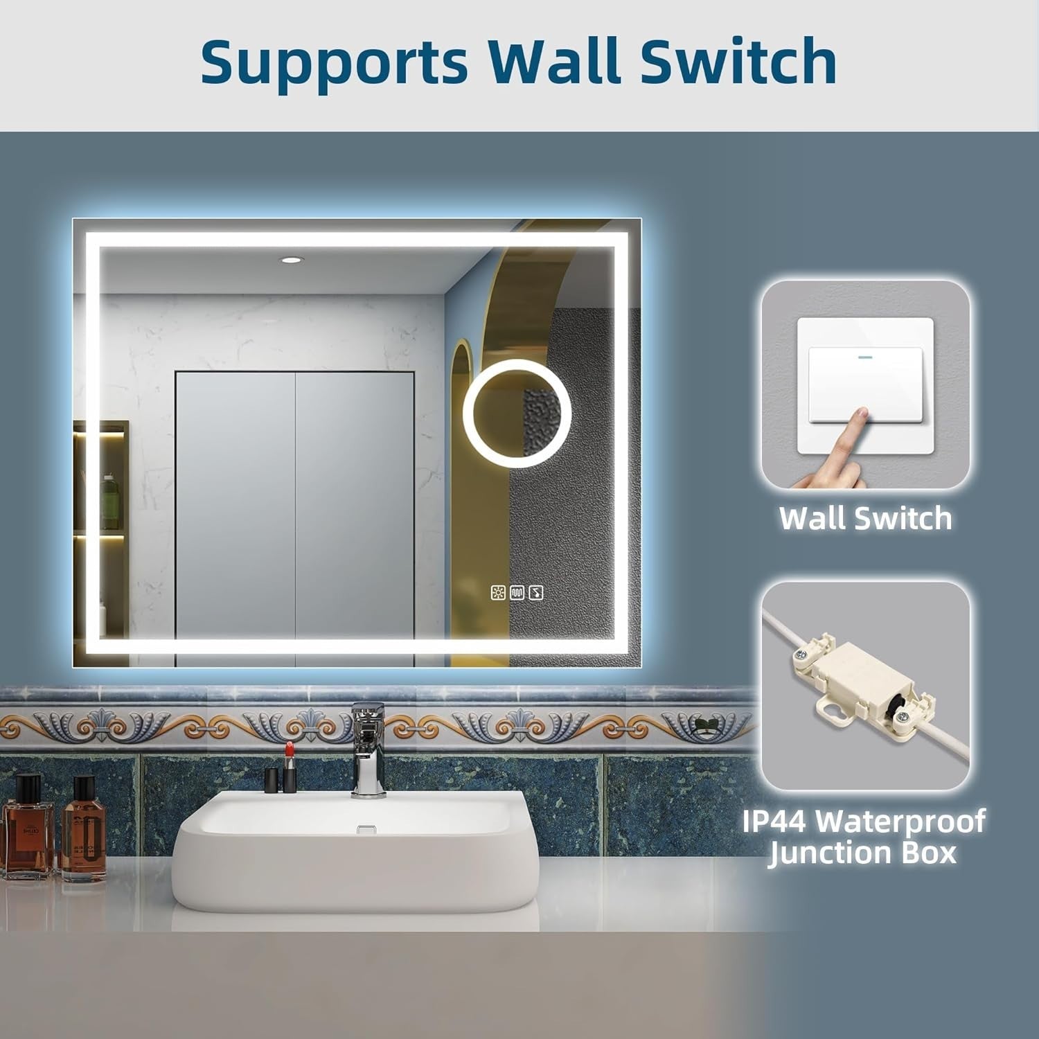 LED Bathroom Mirror 60x80 cm with Bluetooth, 5x Magnifier, Anti-Fog, Dimmable