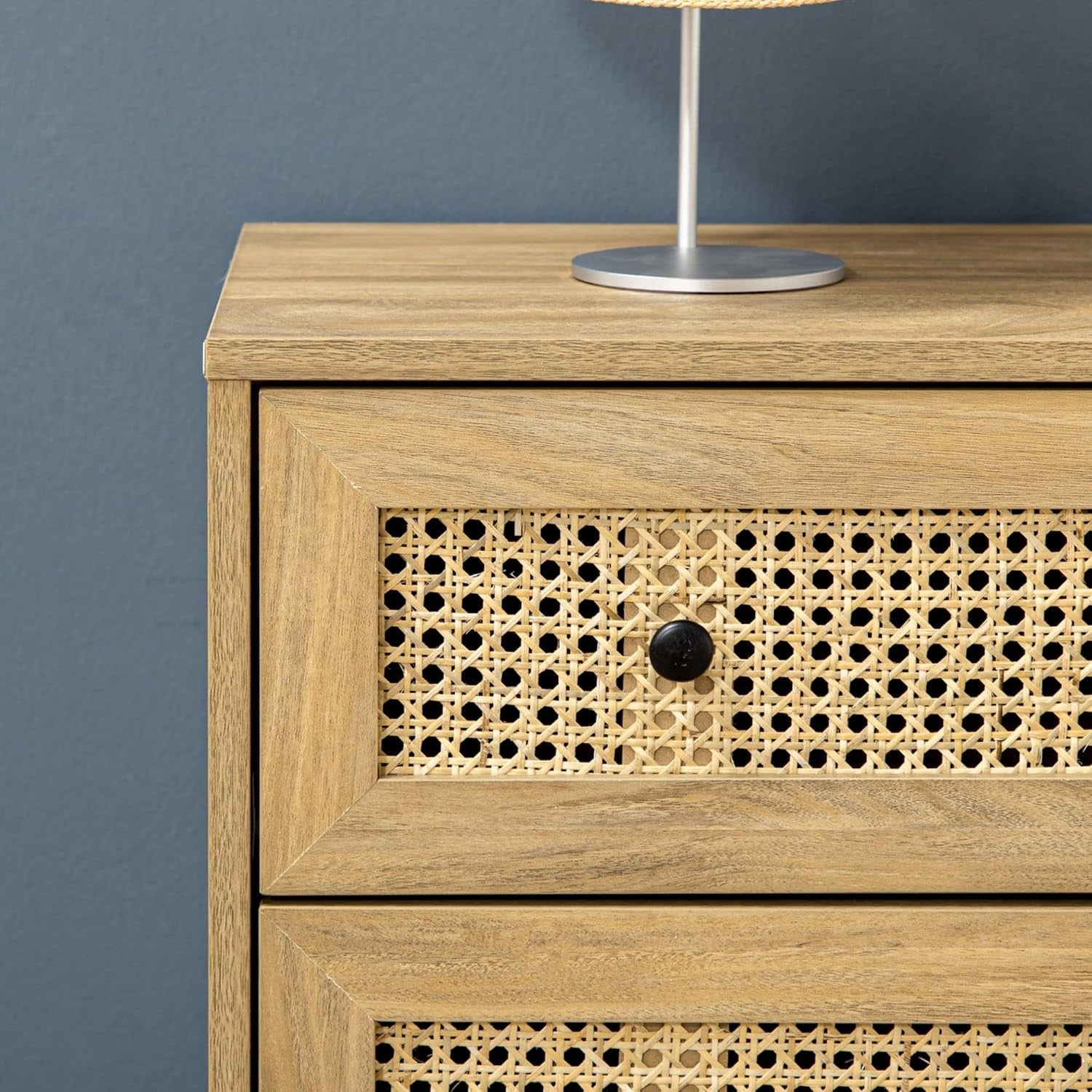 Rustic 4-Drawer Storage Chest with Rattan Panels Bedroom Organizer Unit