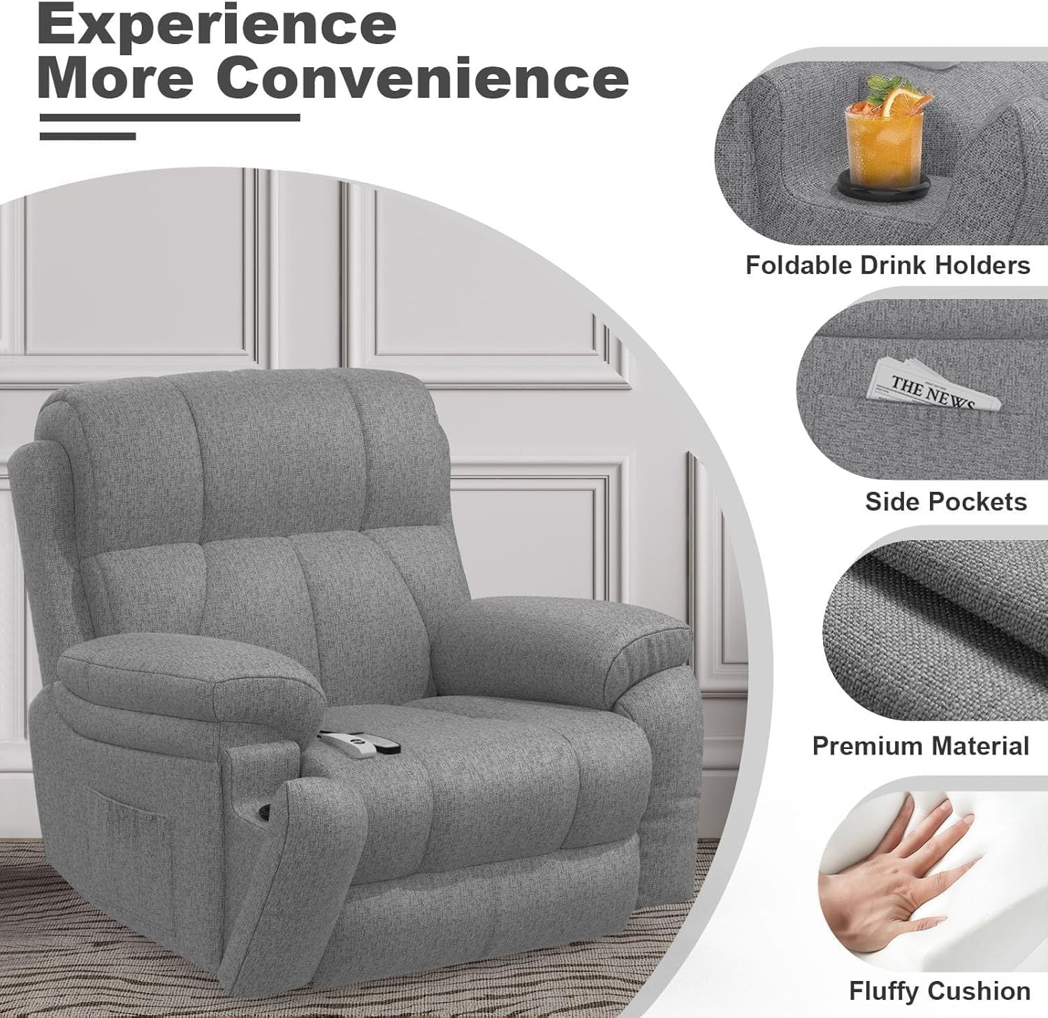 Power Lift Recliner Chair Oversized Massage Heat USB Type-C Footrest Dark Grey