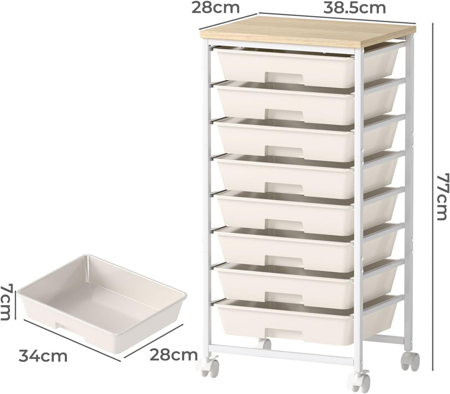 8 Drawer Rolling Storage Trolley Utility Cart Wooden Top White Wheels