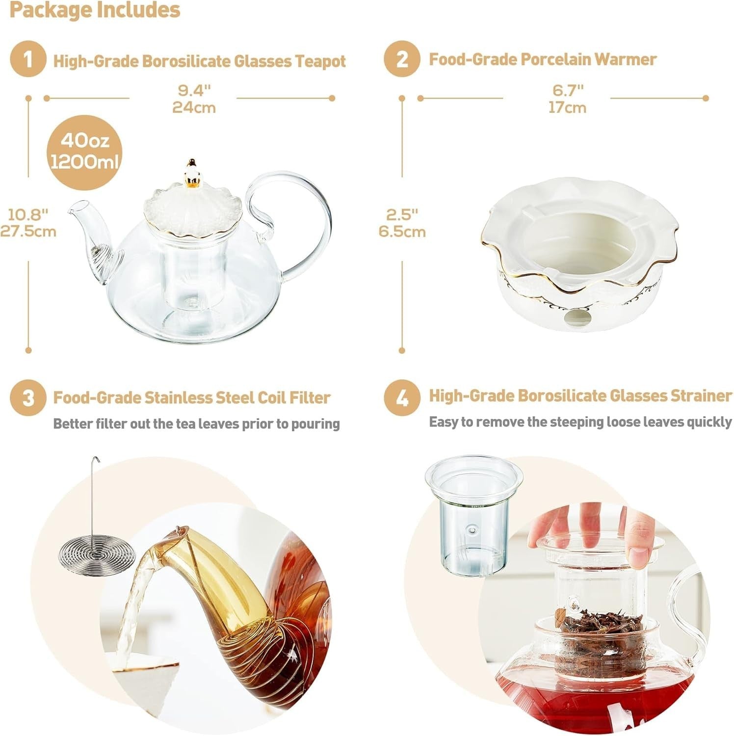 Luxury Blooming Tea Pot Set 1.2L Warmer Infuser Gold Trim Gift
