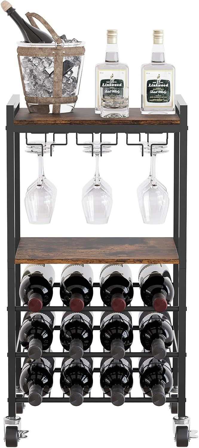 Wine Rack Trolley on Wheels 12 Bottle Bar Cart Glass Holder Drinks Storage