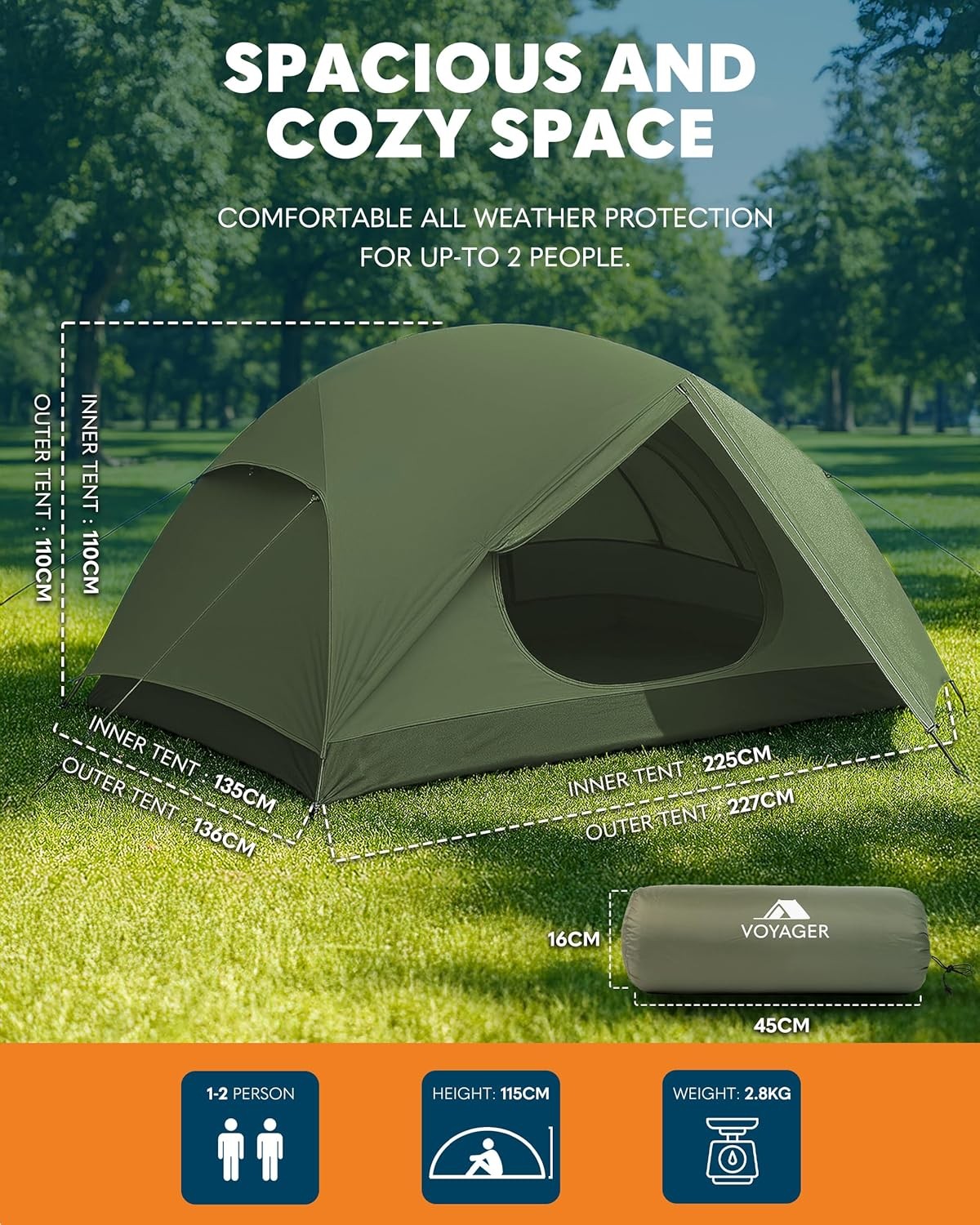 2 Man Dome Camping Tent Waterproof Lightweight Hiking