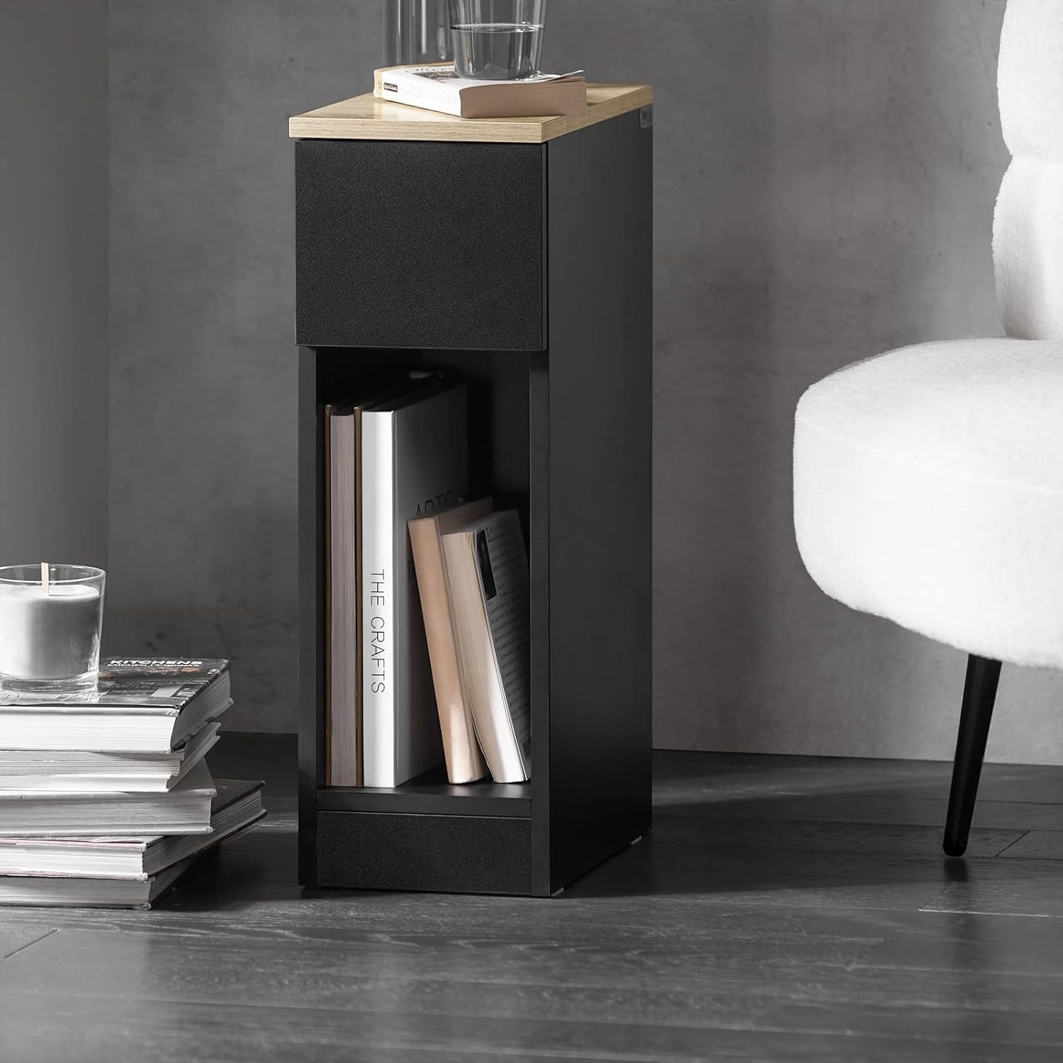 Set of 2 Slim Black Bedside Tables with Drawer & Shelf | Modern Narrow