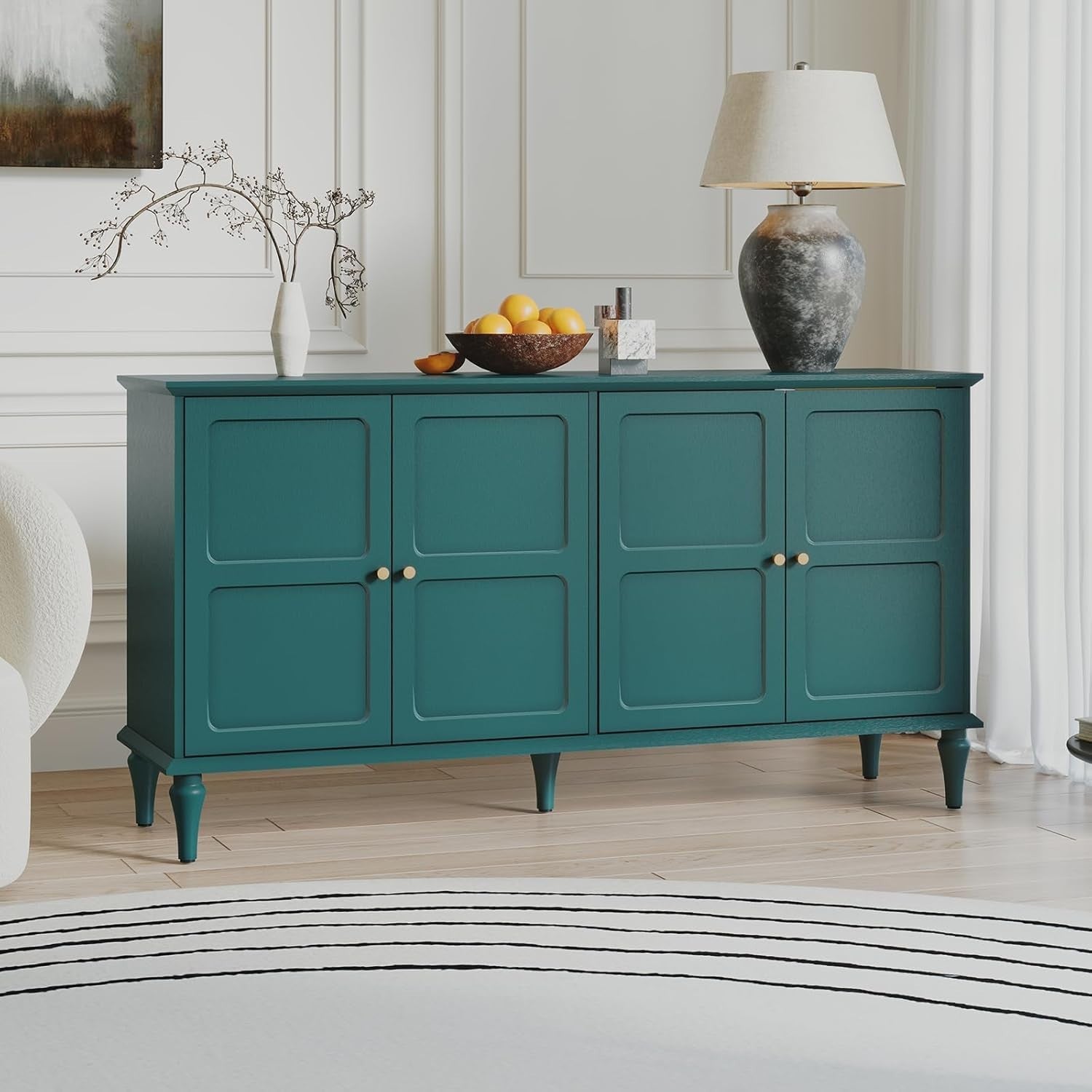 Mid-Century Green Sideboard with Wine Glass Rack, 4 Doors, Large Storage