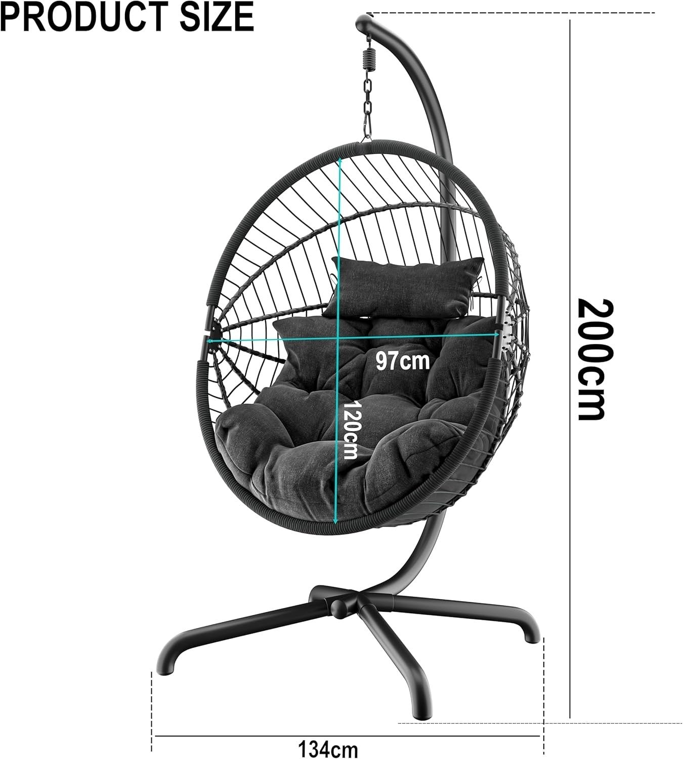 Rattan Hanging Egg Chair with Cushion & Stand Indoor Outdoor Black
