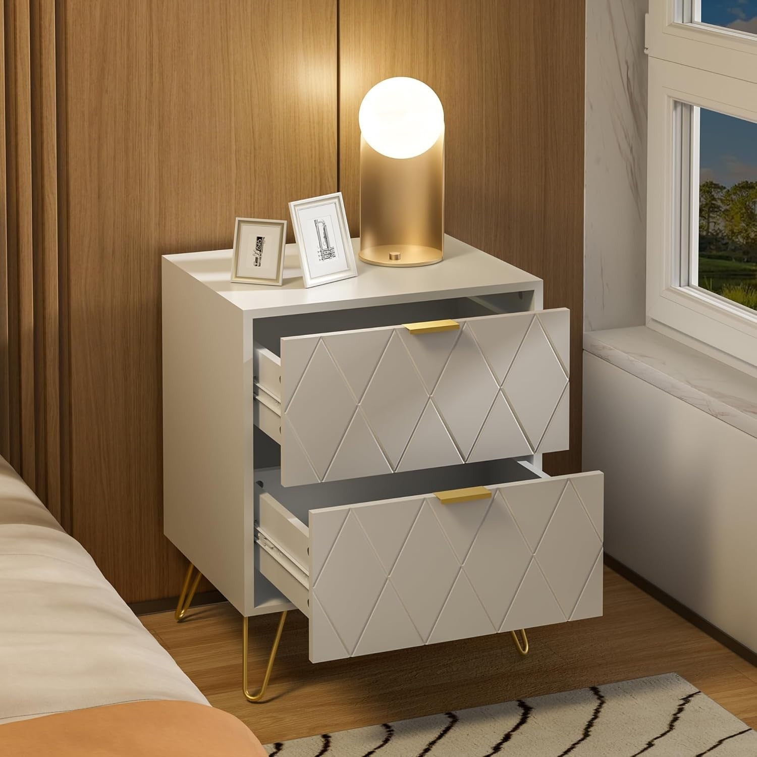 Set of 2 White Bedside Tables with Gold Legs | Modern 2 Drawer Nightstands